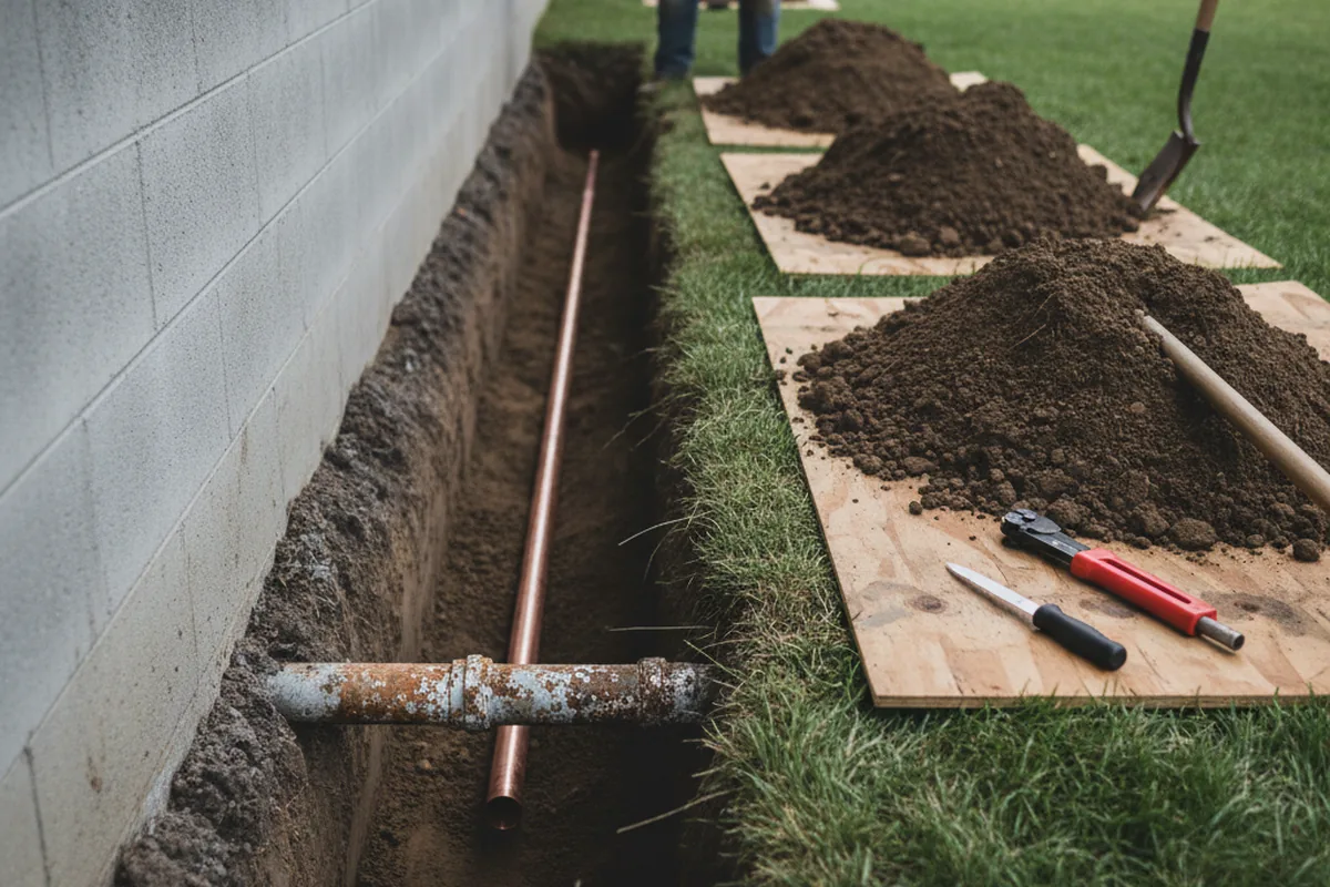 Excavated water line trench during Sewer Line Repair in Eutaw